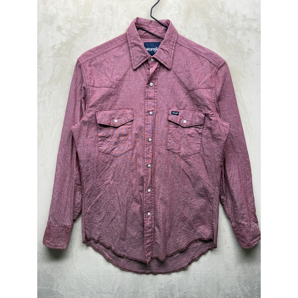 Wrangler Chambray Western Pearl Snap Shirt Mens Medium Red Long Sleeve Cowboy